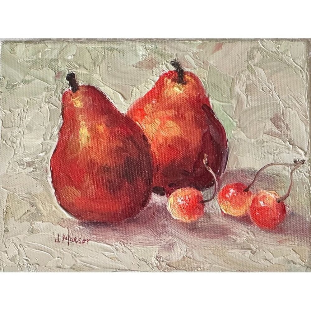 Original Painting Pear and Cherries Acrylic on Canvas SignedJ. Mussey 8" x 6"